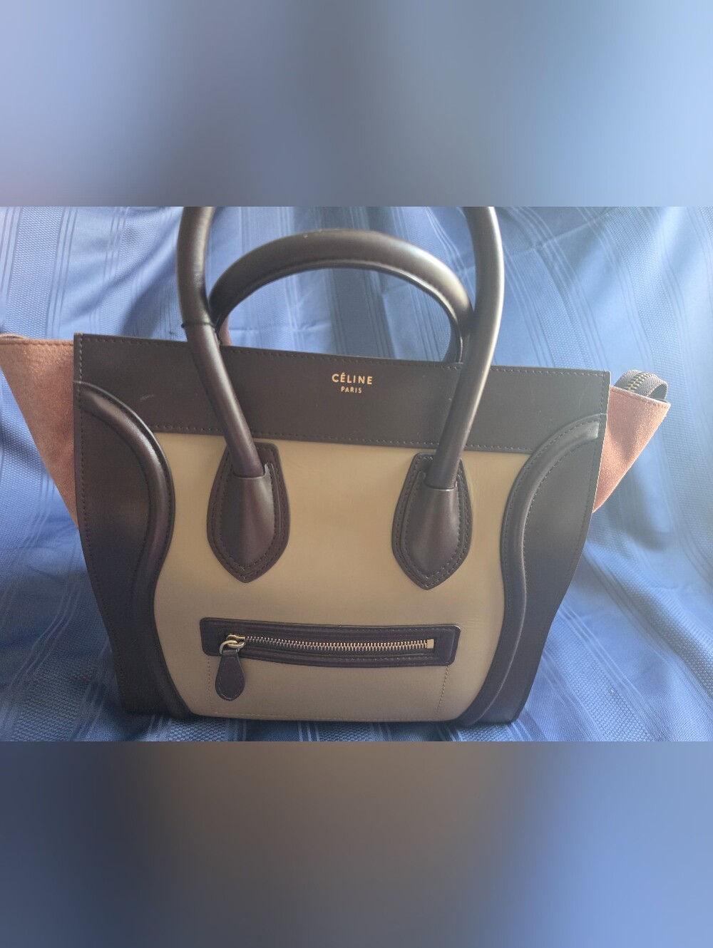 Céline Two-Tone Leather Satchel in Beige and Dark Brown